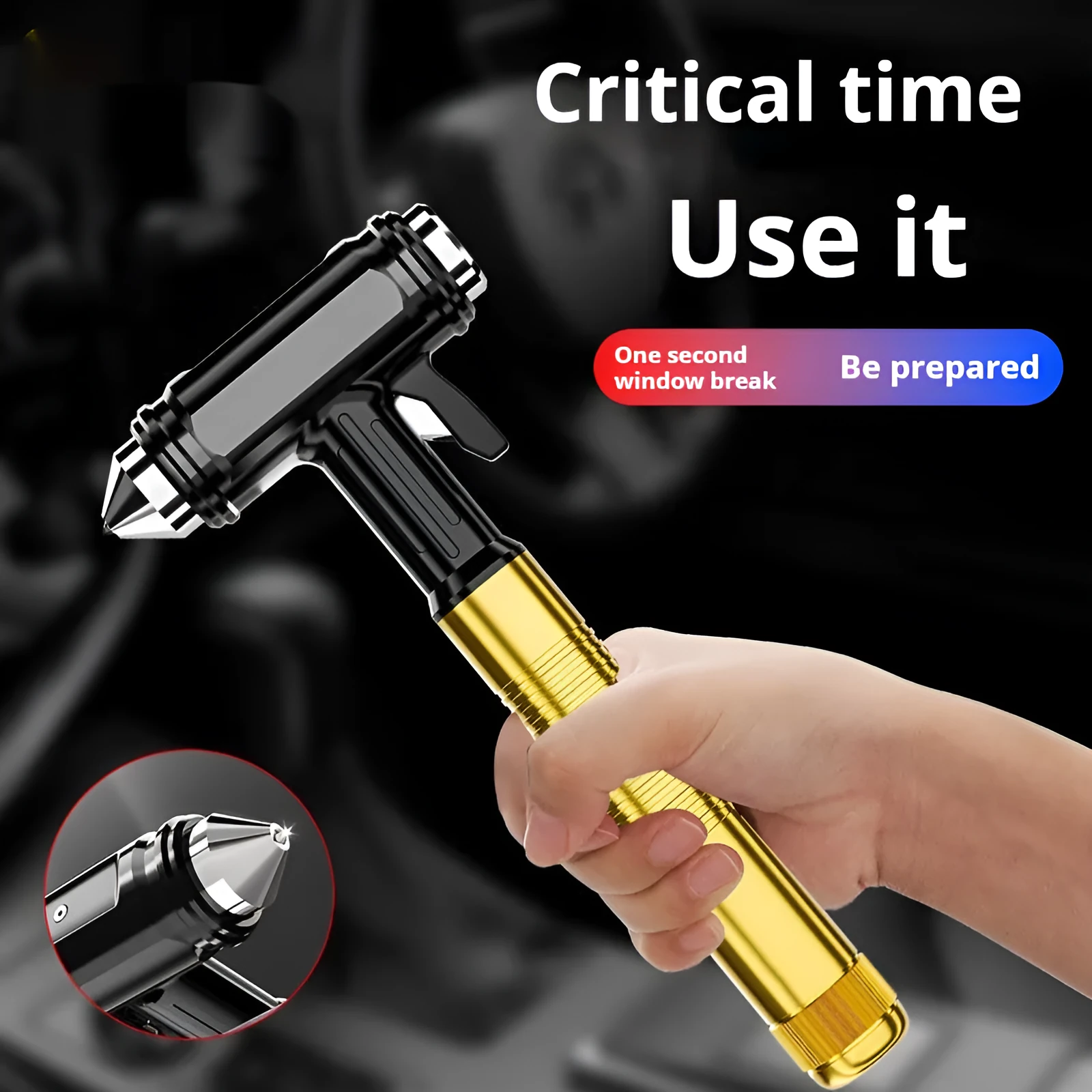 ST-7100 multi functional window breaker car safety hammer in compact 17×7.5cm size, 45# carbon steel, silver white finish