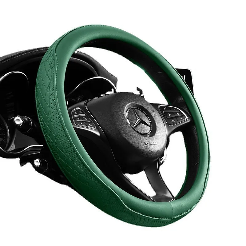 Leather steering wheel cover in navy blue for 38cm car steering wheel
