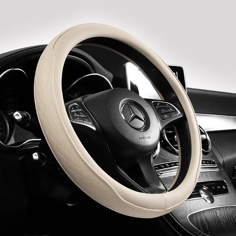 Leather steering wheel cover in navy blue for 38cm car steering wheel