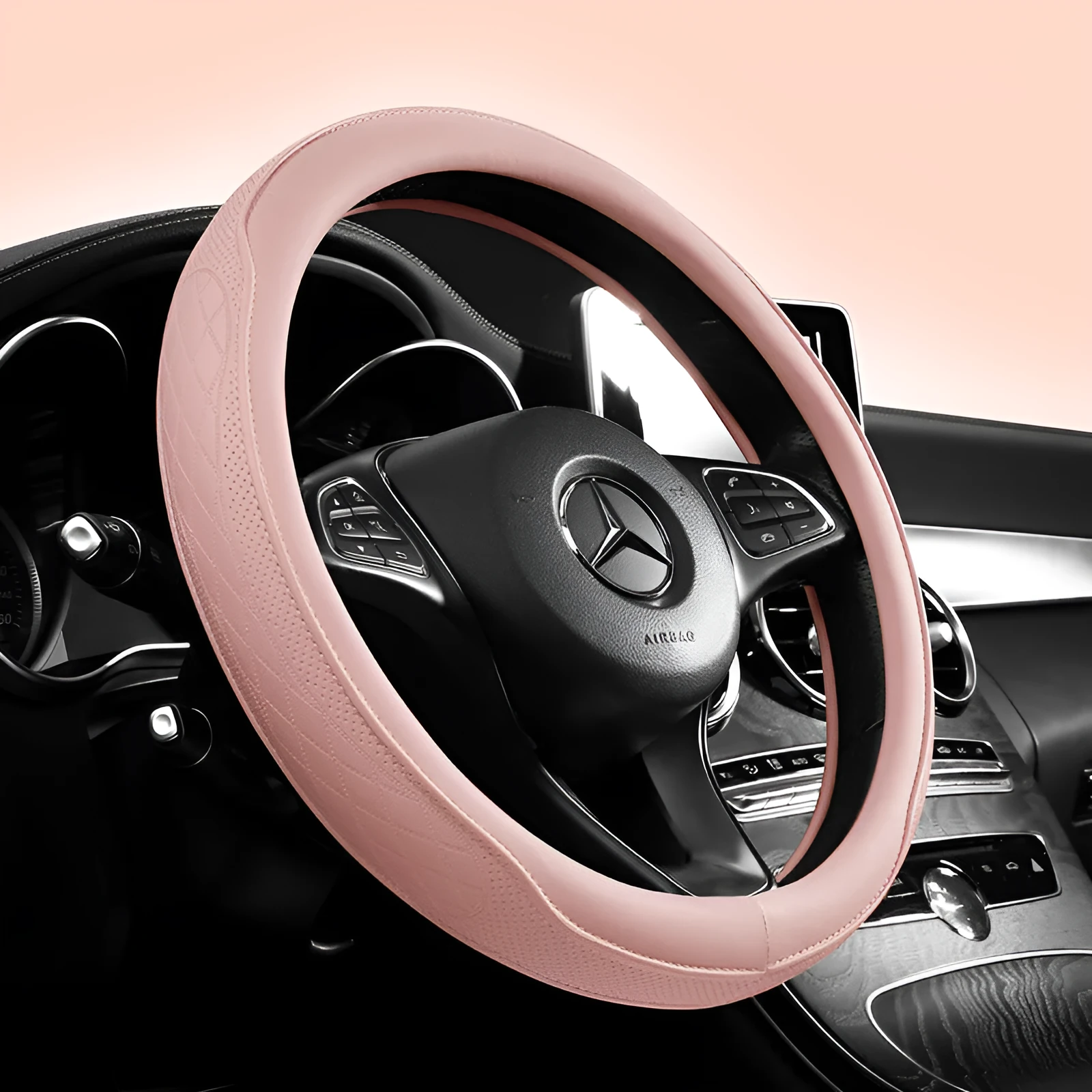 Leather steering wheel cover in navy blue for 38cm car steering wheel