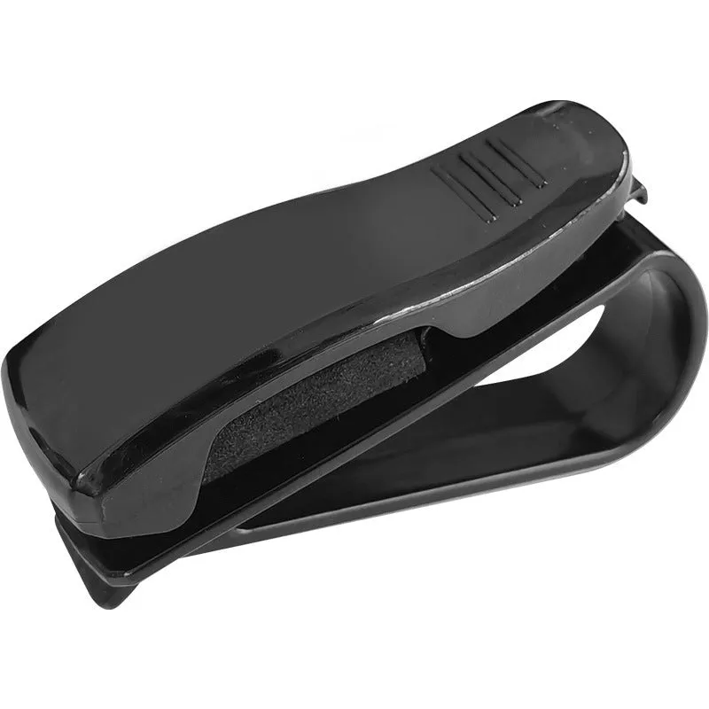 Black plastic car sunshade clip for holding glasses and ID cards, shown next to a ruler showing 6.5cm length.