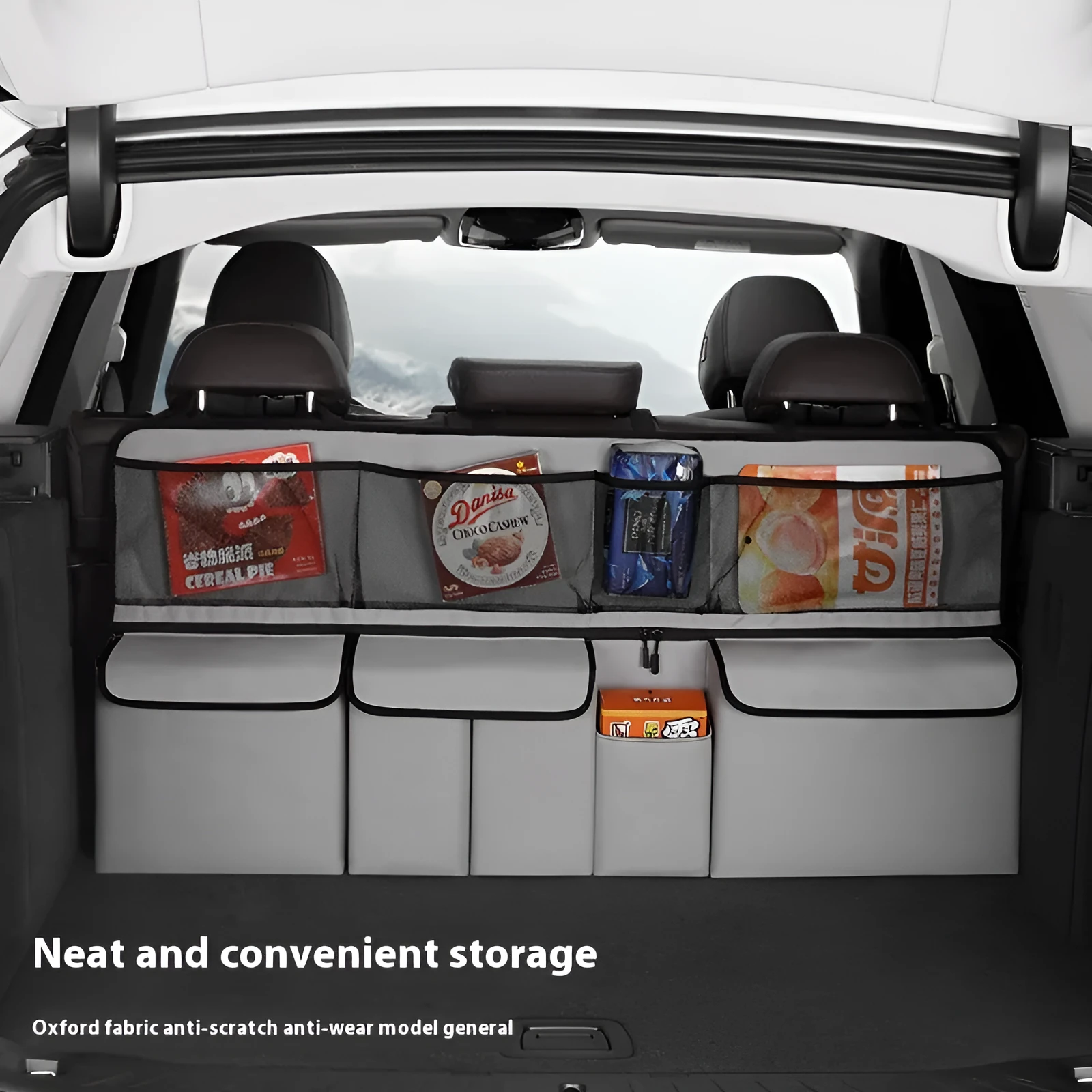 Large capacity car storage box in Oxford cloth with mesh pockets, hanging design, 105x51x9cm, black colour