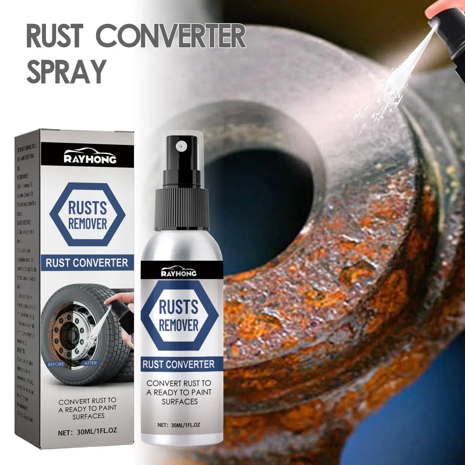 Anti rust conversion agent spray 30ml in black bottle for automobile hub treatment