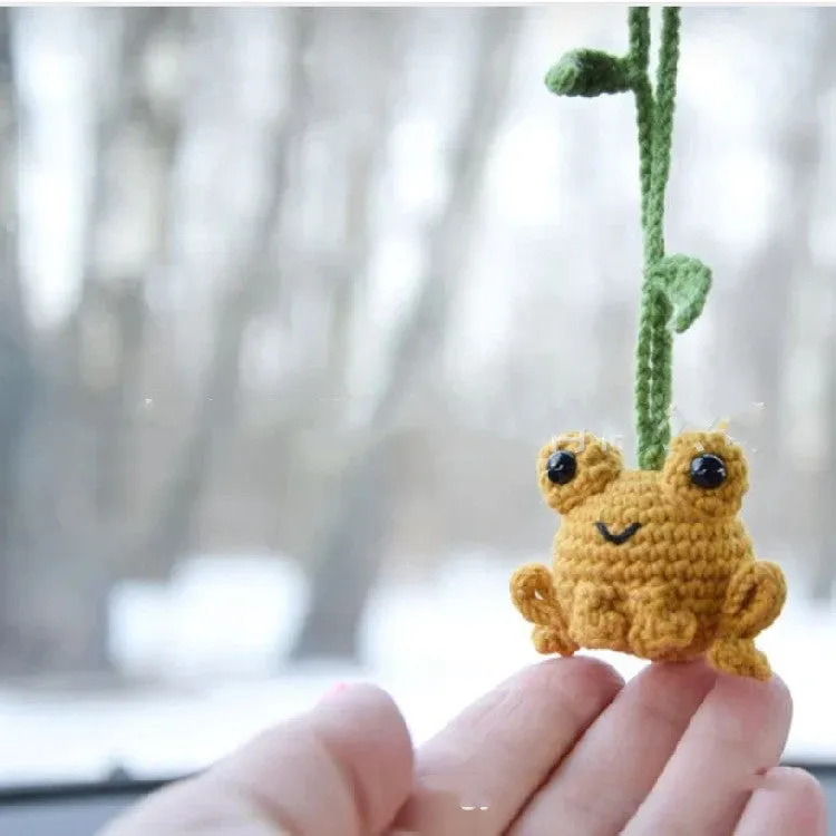 Handmade green plush woven frog car pendant hanging