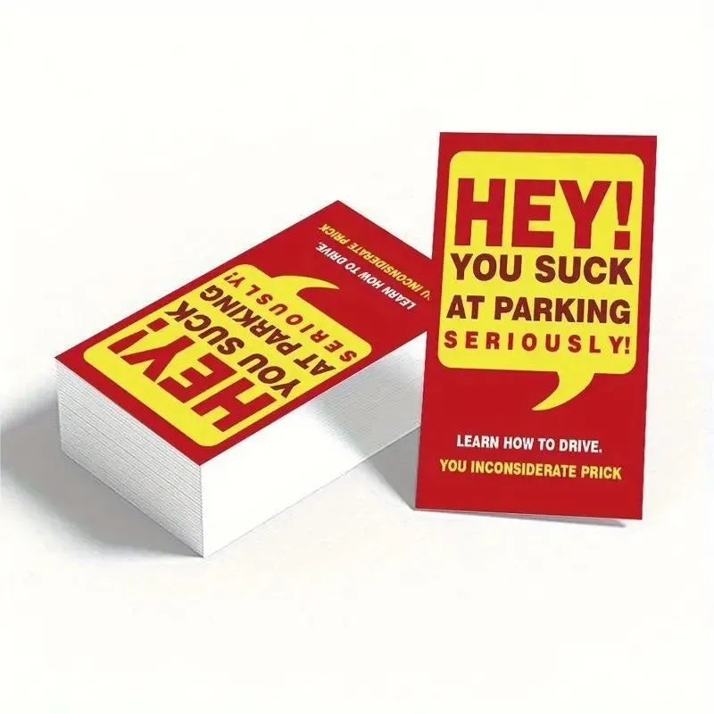 Red parking violation card reading You Park Like An Idiot on copperplate paper, pack of 50 sheets
