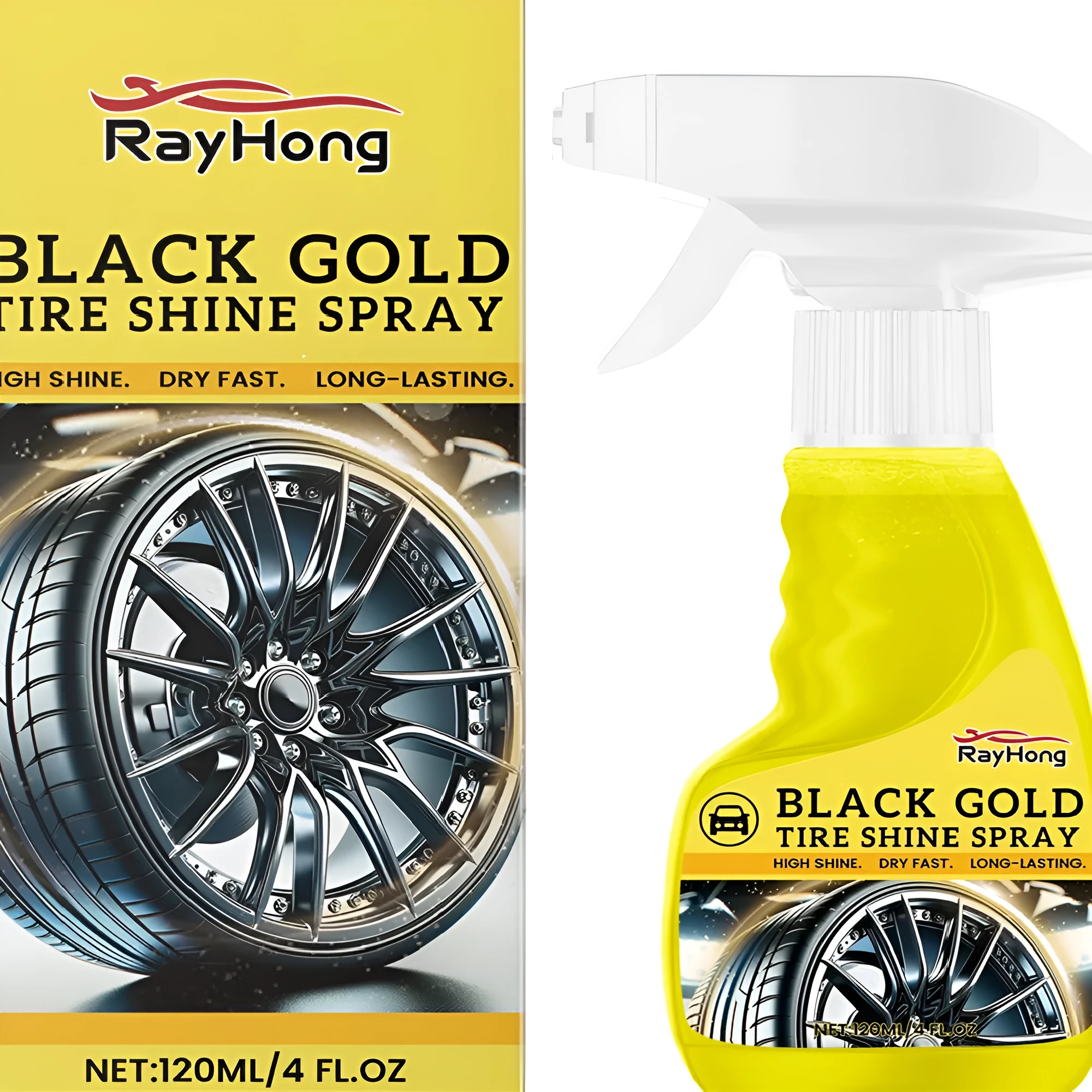 Black Gold Tire Shine Spray 120ml bottle with spray nozzle on a tyre sidewall
