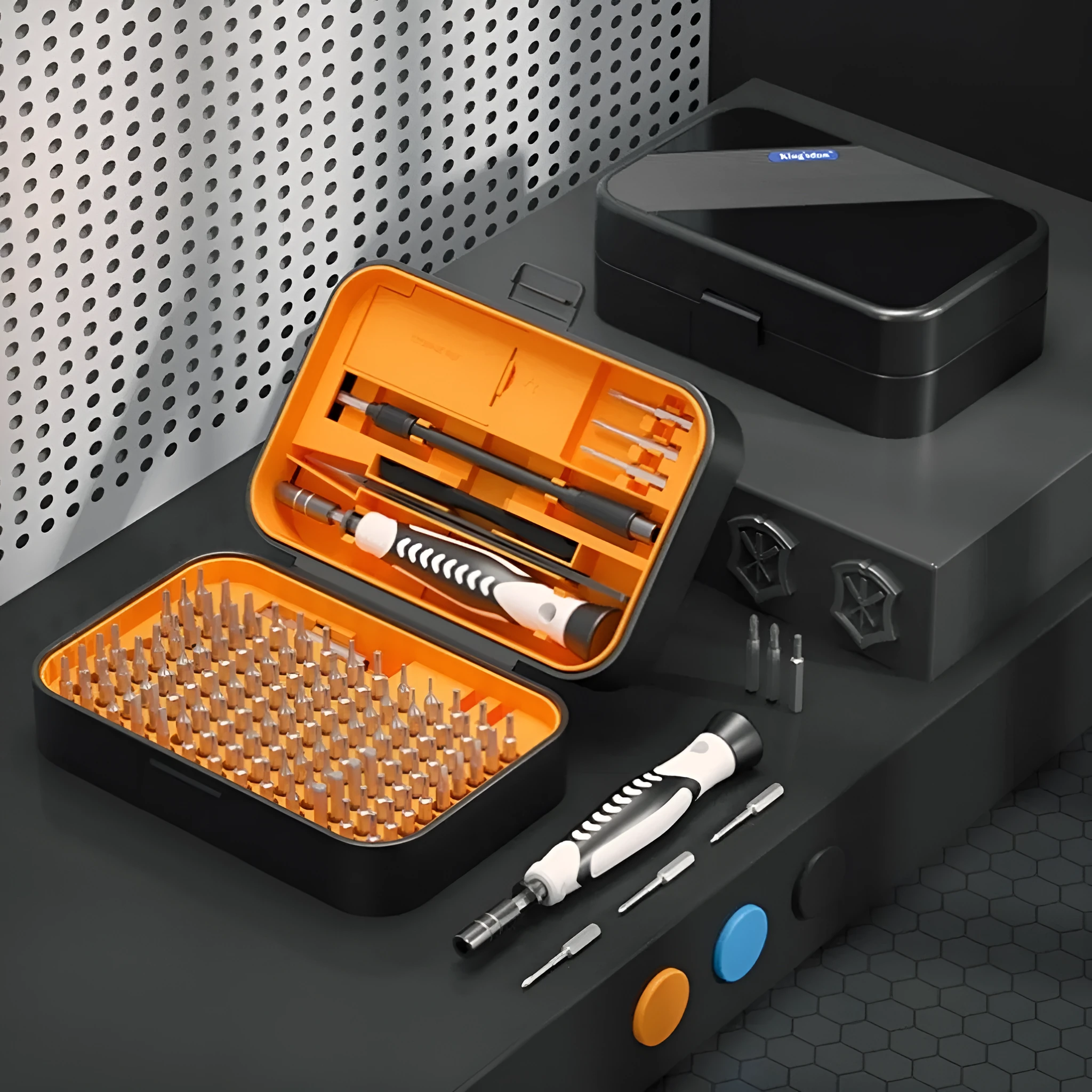 130 in 1 precision screwdriver tool set in orange and blue with CRV steel bits in compact case