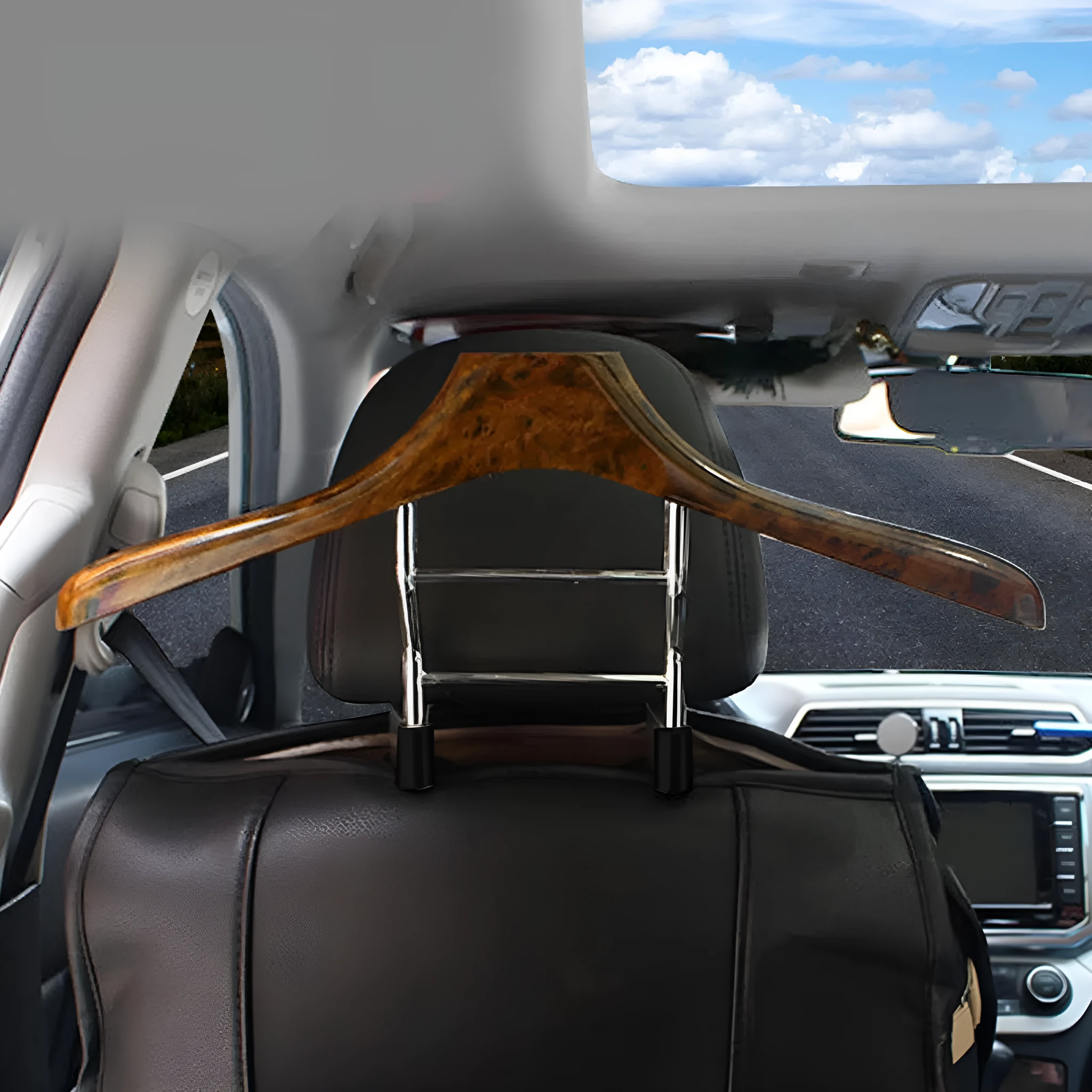 Wood yellow stainless steel car clothes hanger for suits and coats on a vehicle headrest.