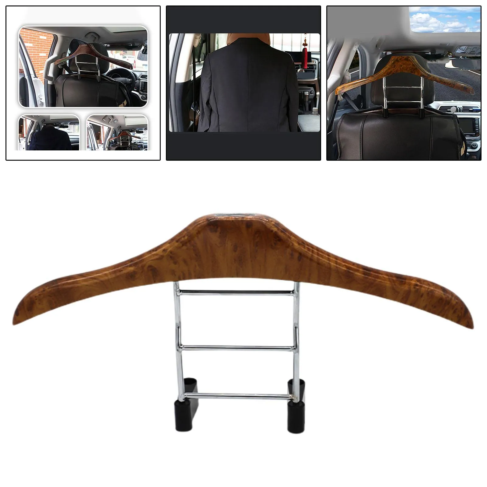 Wood yellow stainless steel car clothes hanger for suits and coats on a vehicle headrest.