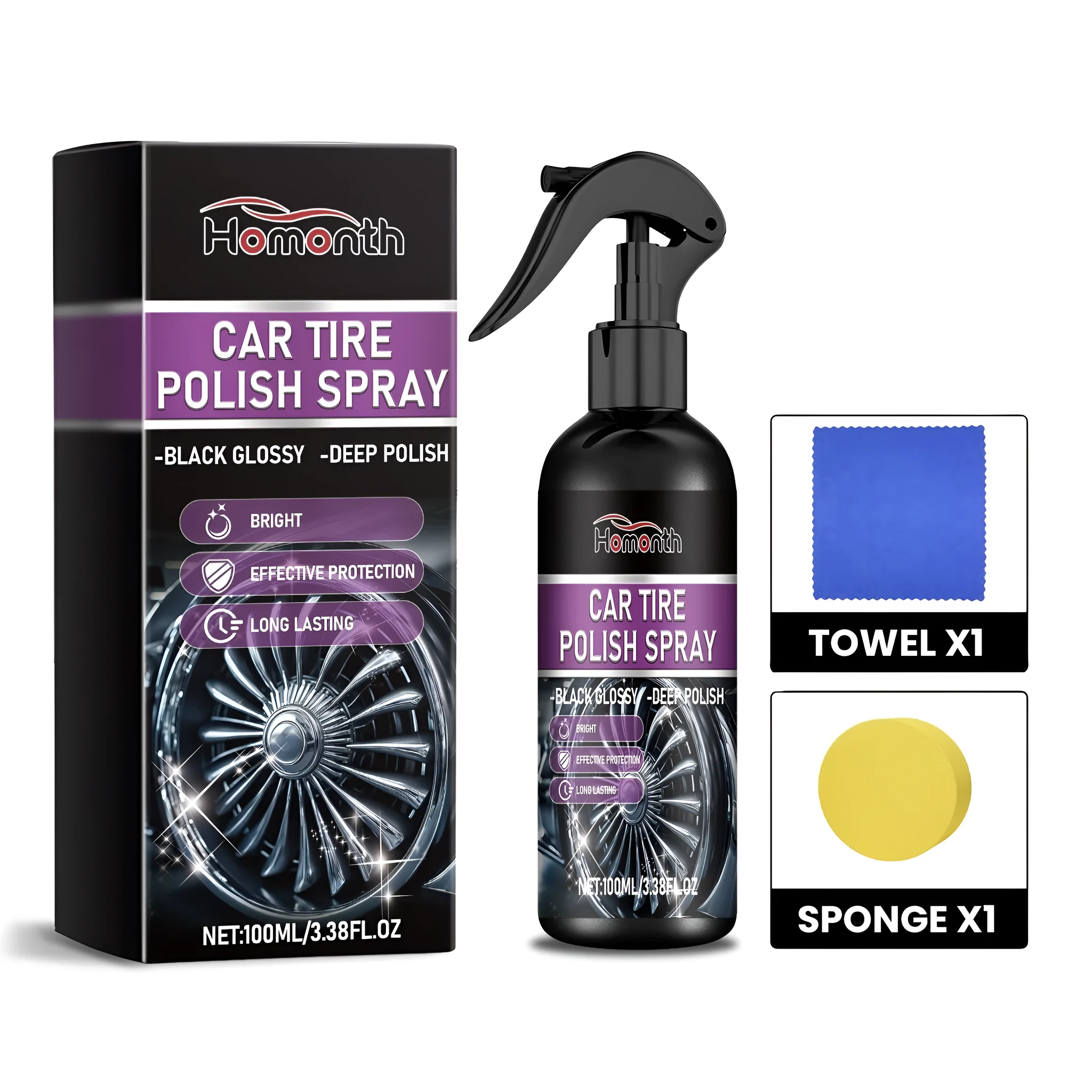 Car tyre polishing agent 100ml PET bottle with sponge and towel on a work surface