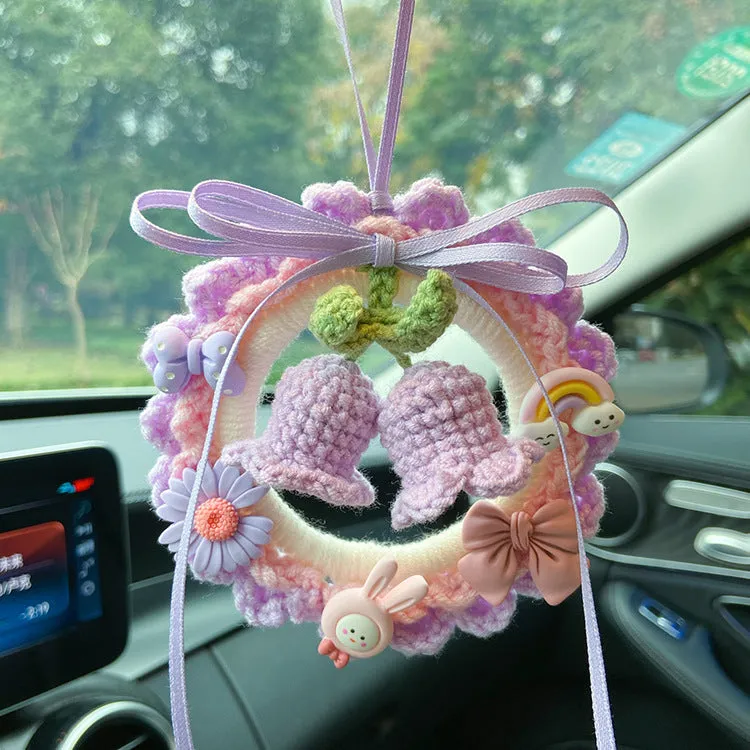 Green woven wool bell orchid car pendant hanging with dream catcher decoration