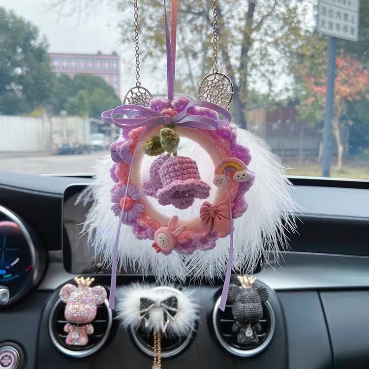 Green woven wool bell orchid car pendant hanging with dream catcher decoration