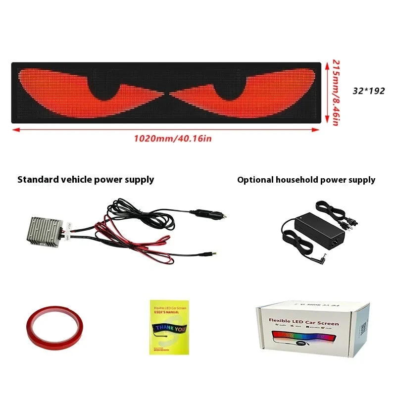 Flexible LED car windshield display showing dynamic eyes, 1280x155mm size, USB powered 5V