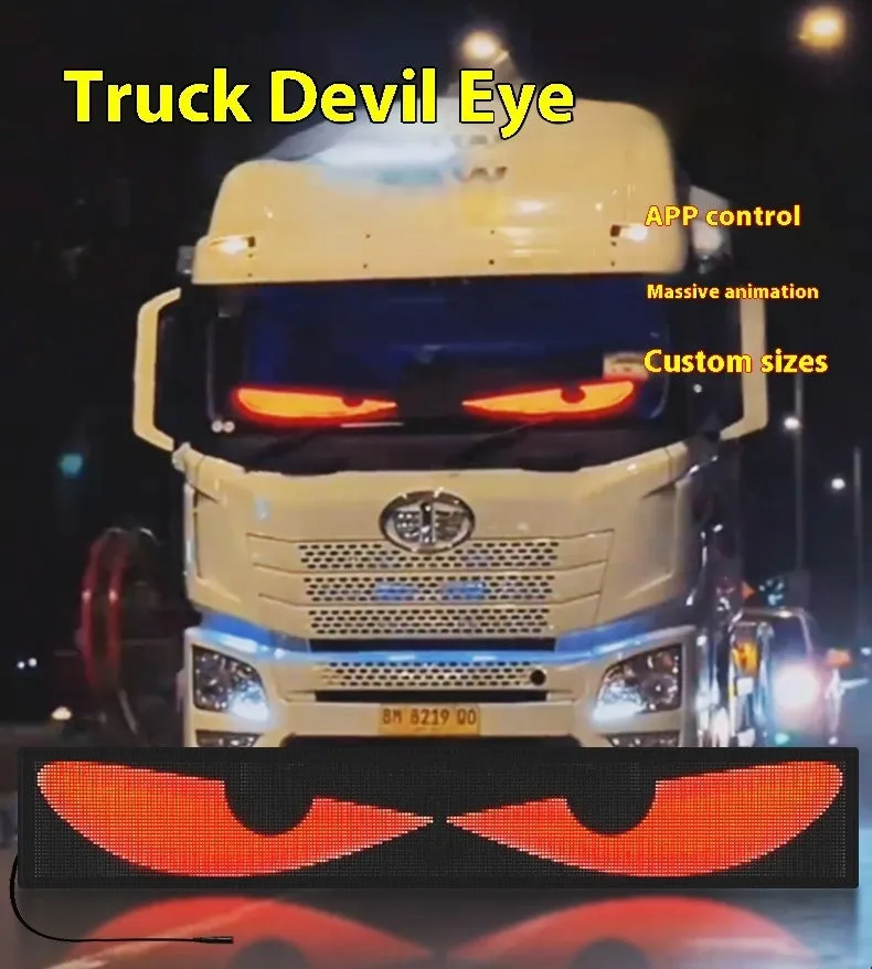 Flexible LED car windshield display showing dynamic eyes, 1280x155mm size, USB powered 5V