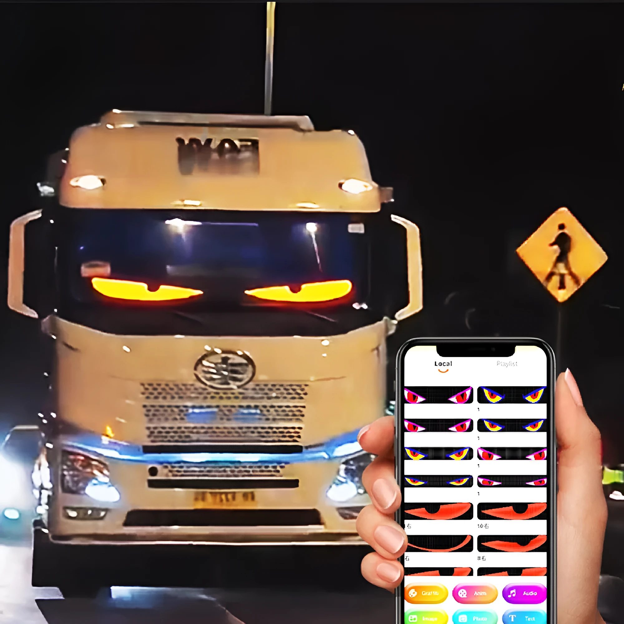Flexible LED car windshield display showing dynamic eyes, 1280x155mm size, USB powered 5V