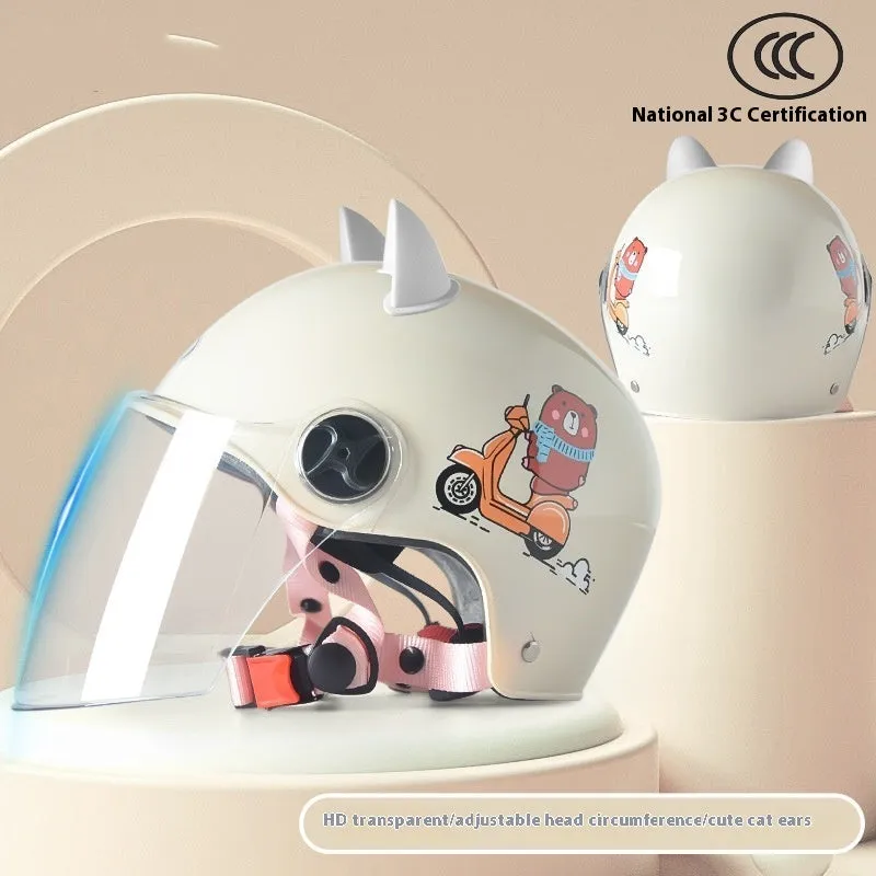 3C certified children's helmet with cat ear design, Blue Bunny colour, ABS shell