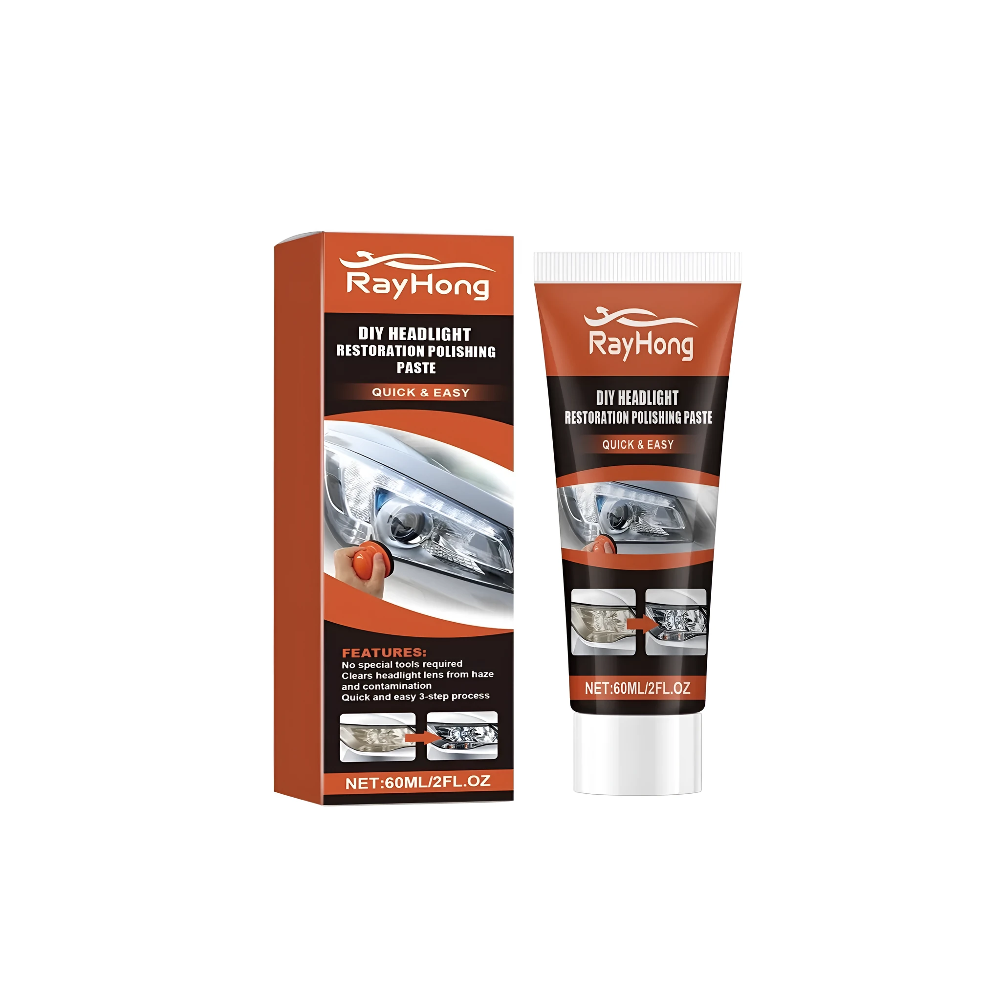 DIY headlight restoration polishing paste in a 5.5x13.3cm PE tube with crystal plating agent label