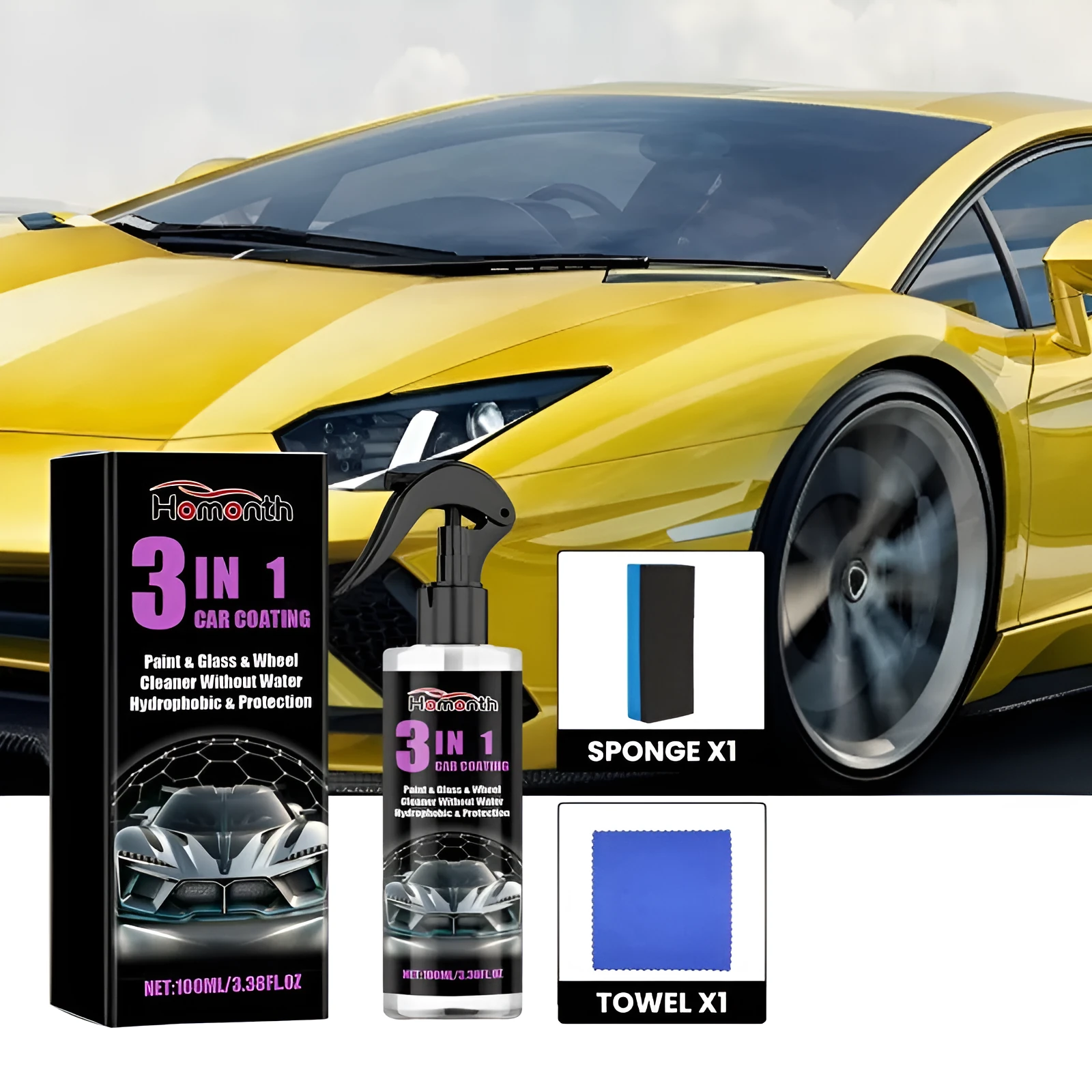 Ceramic car paint spray 100ml in a spray bottle with a sponge and towel for paint decontamination and polishing