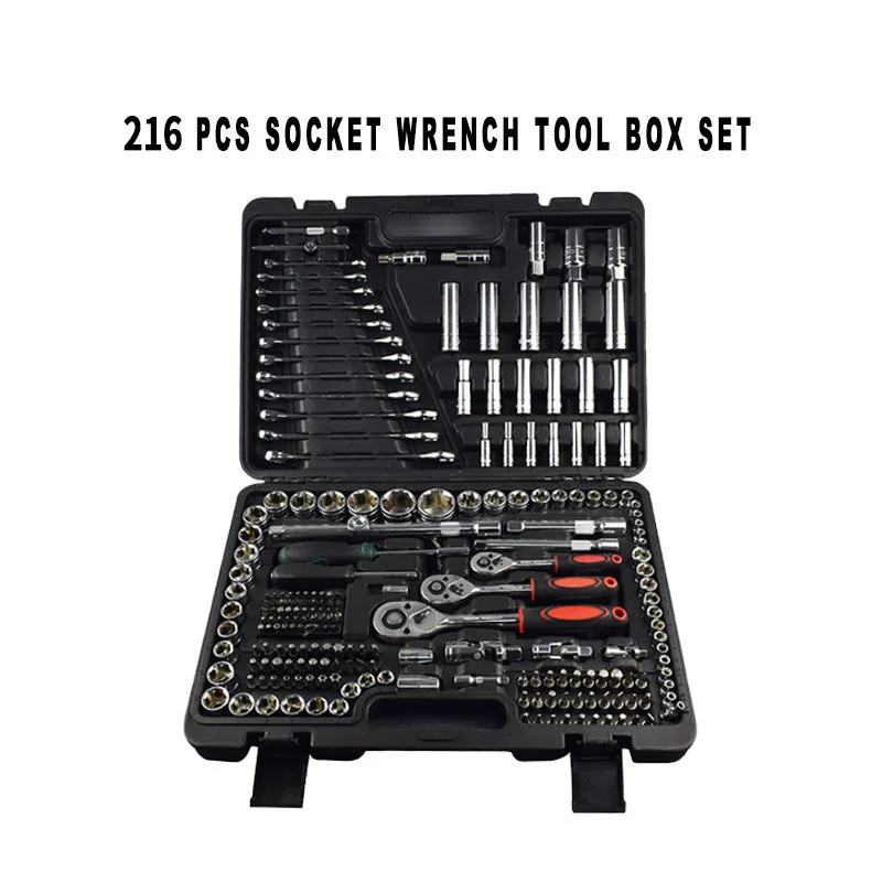 216-piece alloy steel socket wrench set in storage box with 72-tooth ratchet for car and machinery repair