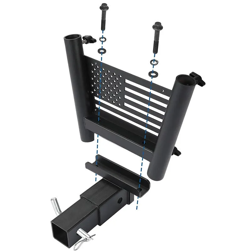 Black steel double tube flagpole bracket for vehicle suspension or seat mounting