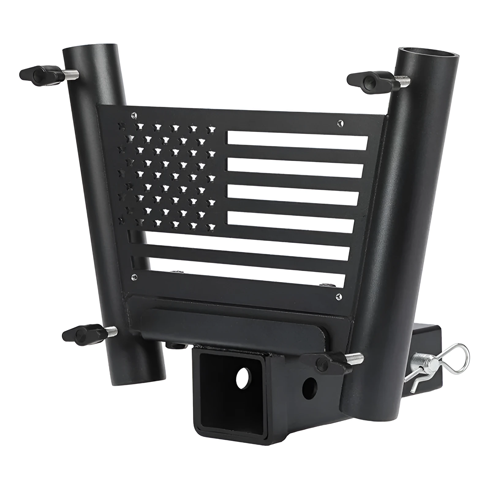 Black steel double tube flagpole bracket for vehicle suspension or seat mounting