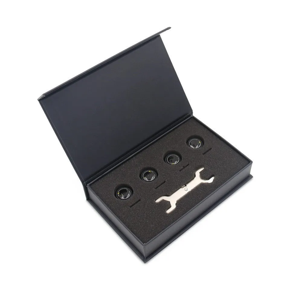 Bluetooth car tyre pressure monitoring system with four black external sensors and installation tools.
