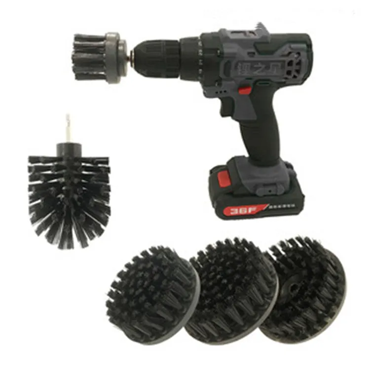 Electric wheel hub cleaning brush set with nickel plated handle and PP filaments for car rim cleaning