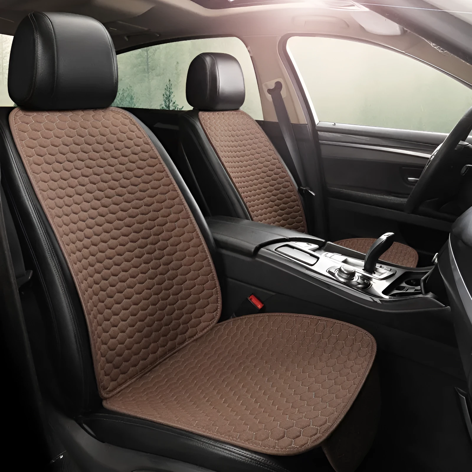 Natural linen car seat cushion in black, five-seat universal, cotton filled, with textured fabric surface