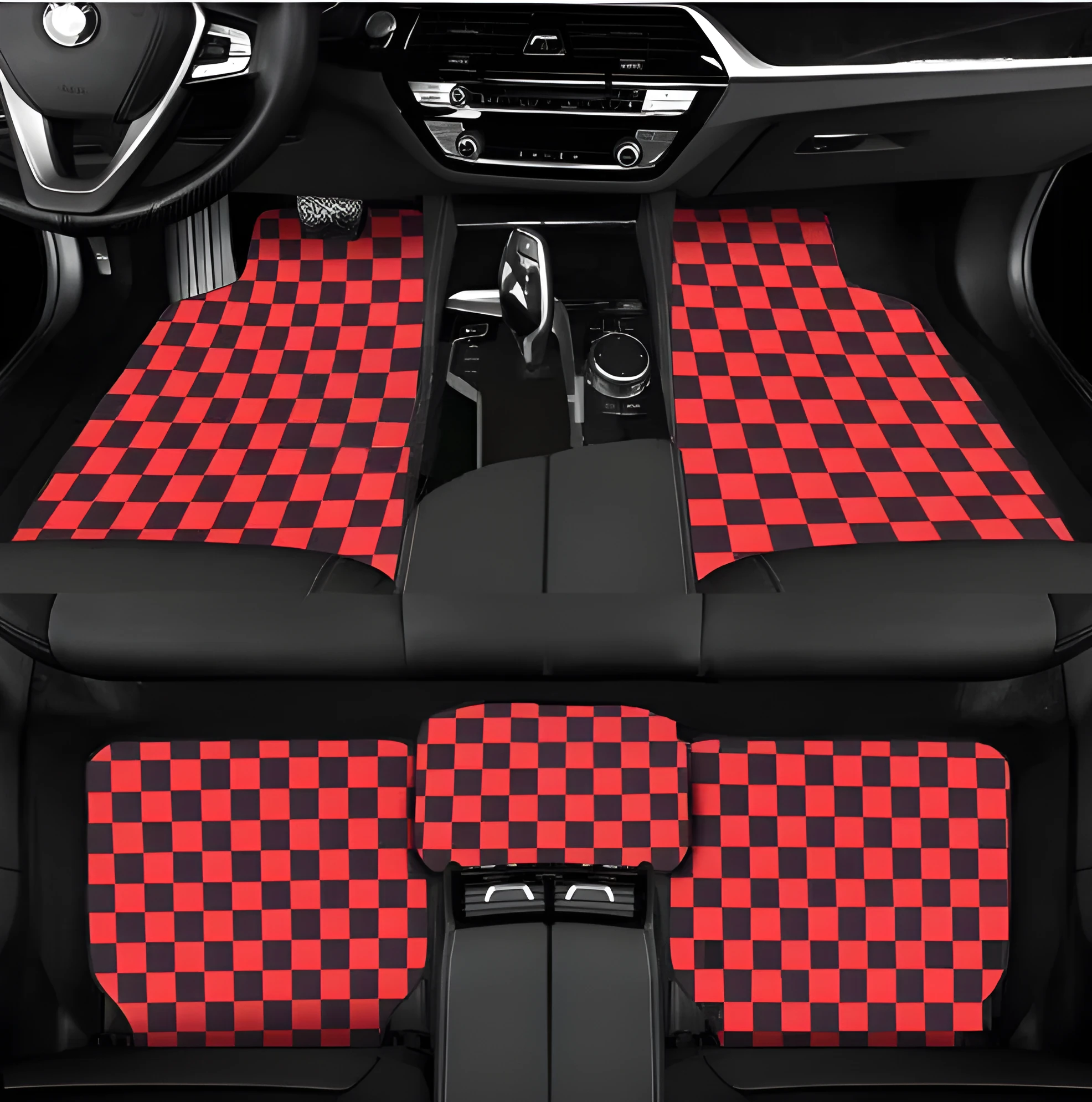 Car universal foot pad checkerboard five-piece suede set in black and red colour option