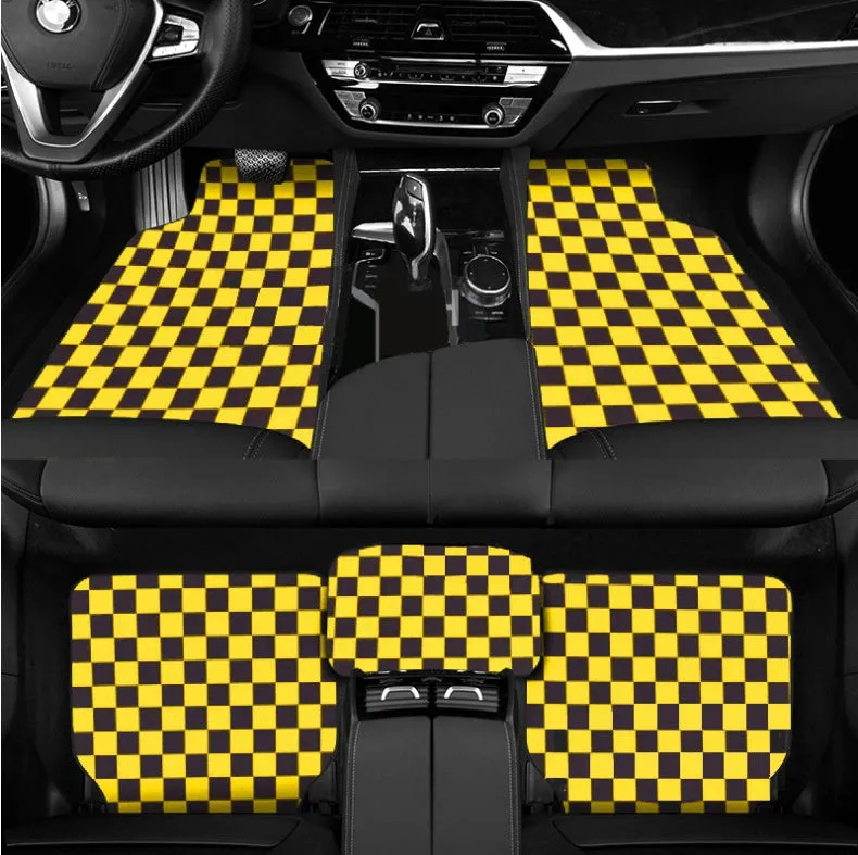 Car universal foot pad checkerboard five-piece suede set in black and red colour option