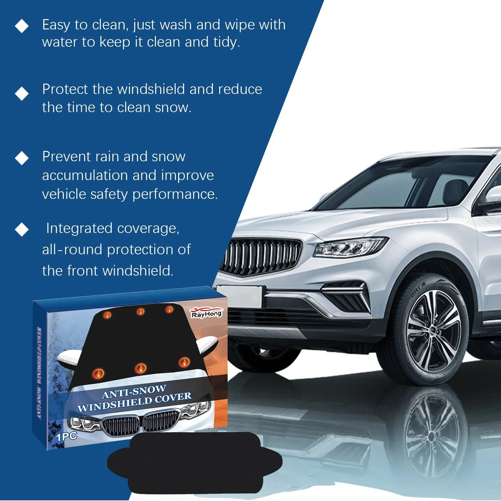 Black thickened snow-proof car cover on a car window for winter protection