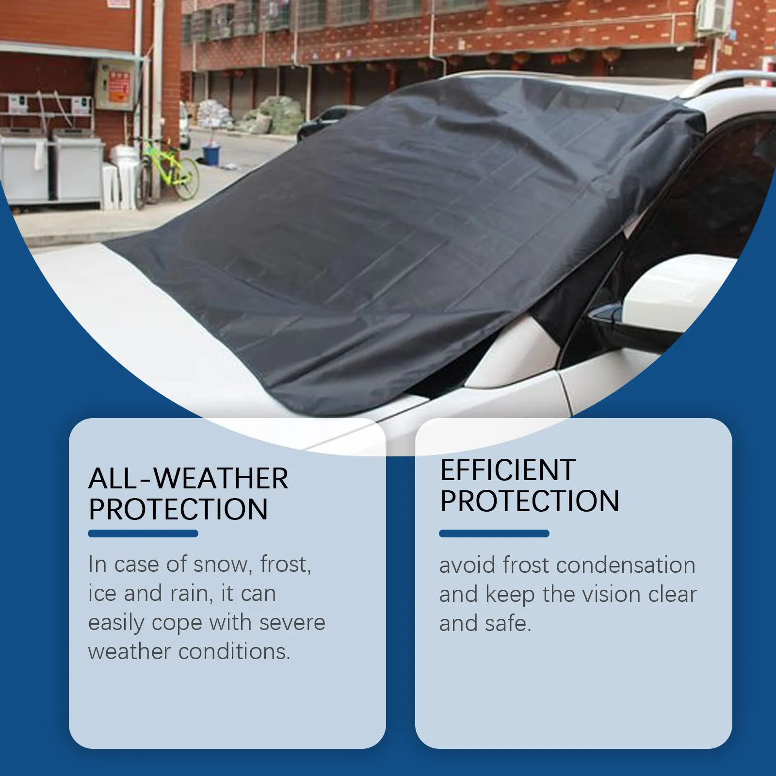 Black thickened snow-proof car cover on a car window for winter protection