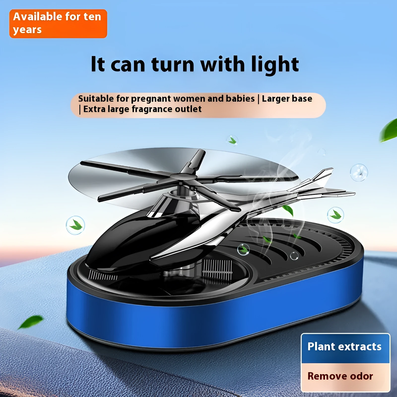 Solar car aromatherapy unit in black plastic for dashboard odour removal with fragrant tablet
