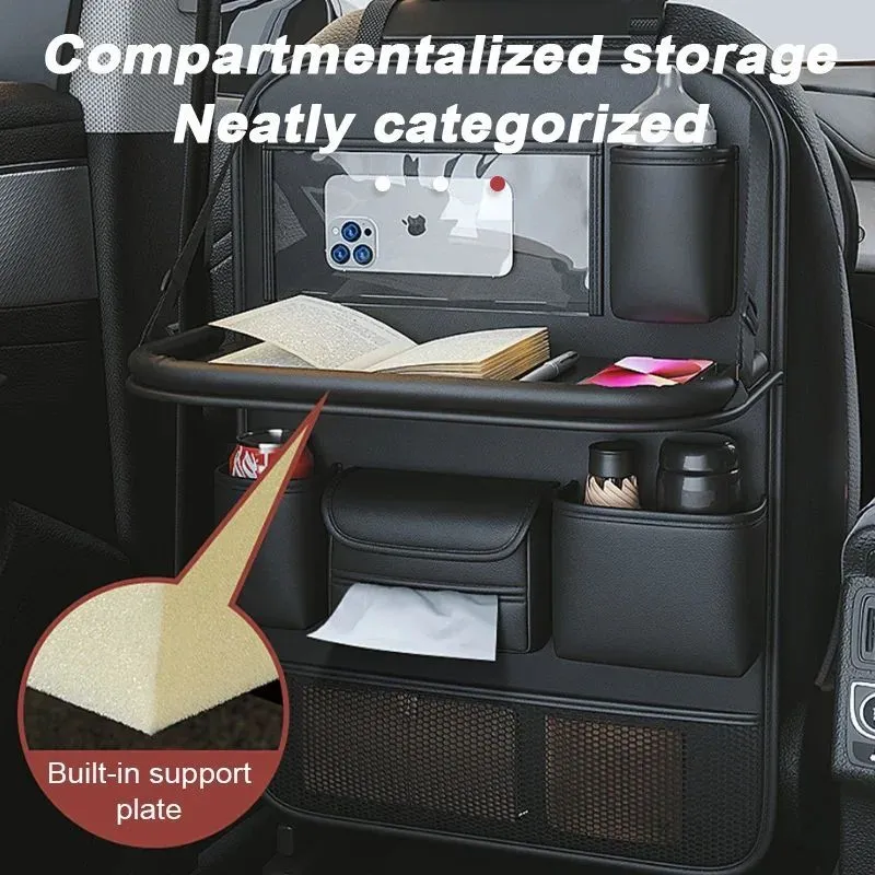 Black PU leather car seat storage bag with foldable table tray attached to a car back seat