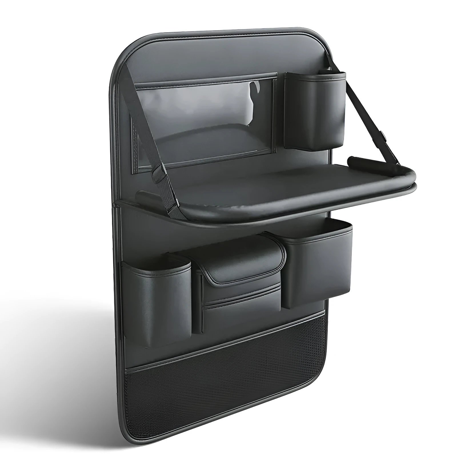 Black PU leather car seat storage bag with foldable table tray attached to a car back seat