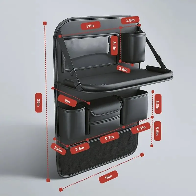 Black PU leather car seat storage bag with foldable table tray attached to a car back seat
