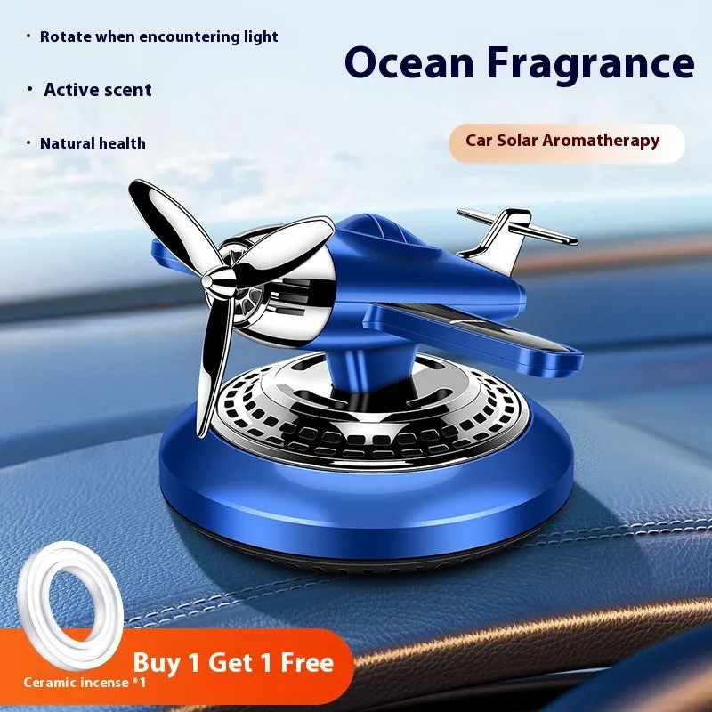 Blue solar car aromatherapy fighter decoration with Ocean Jasmine green tea scent on dashboard