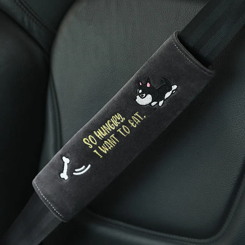 Car plush embroidery headrest shoulder pad with cute lion design in black on a car seat