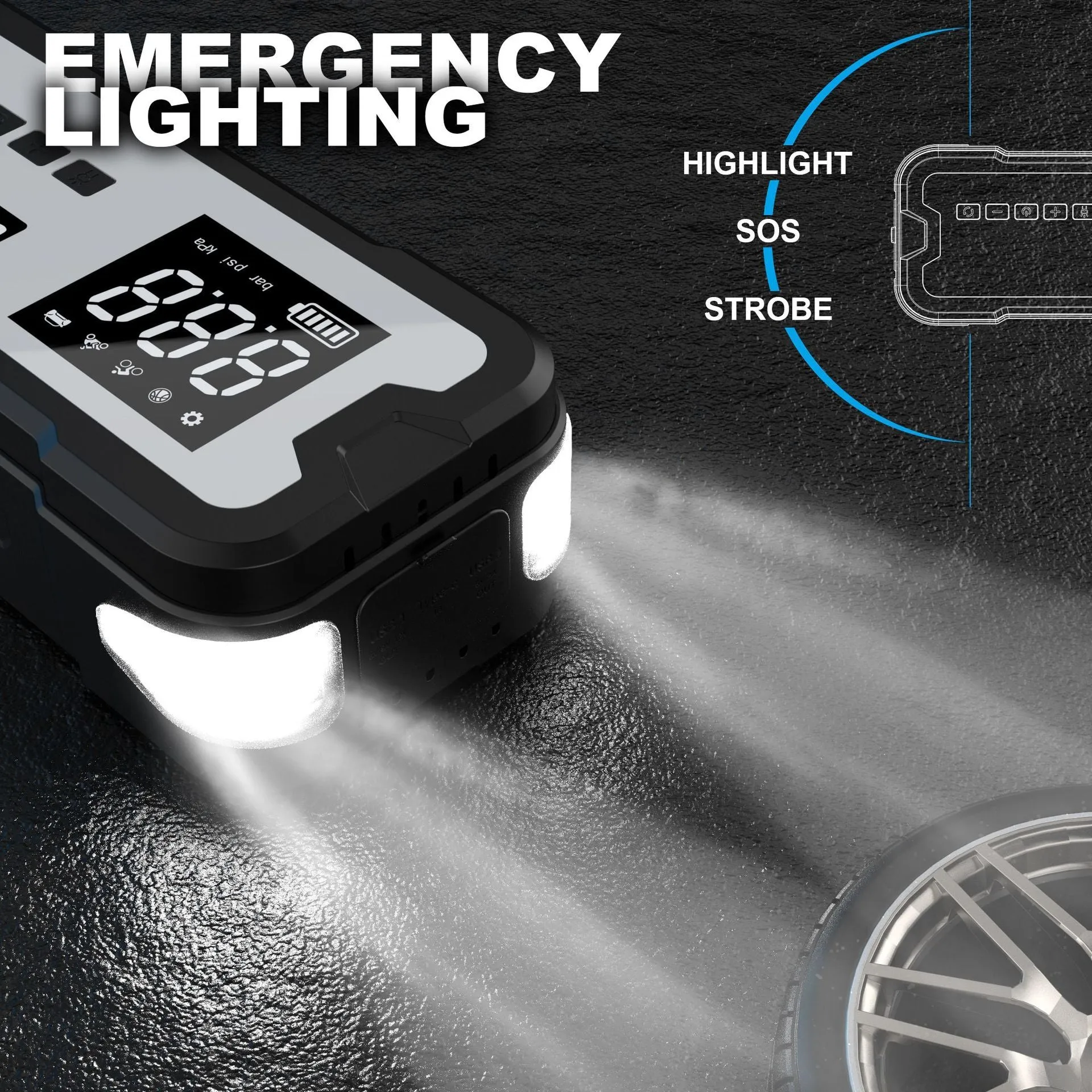 Automobile emergency start power source with clips and LED light on a grey background