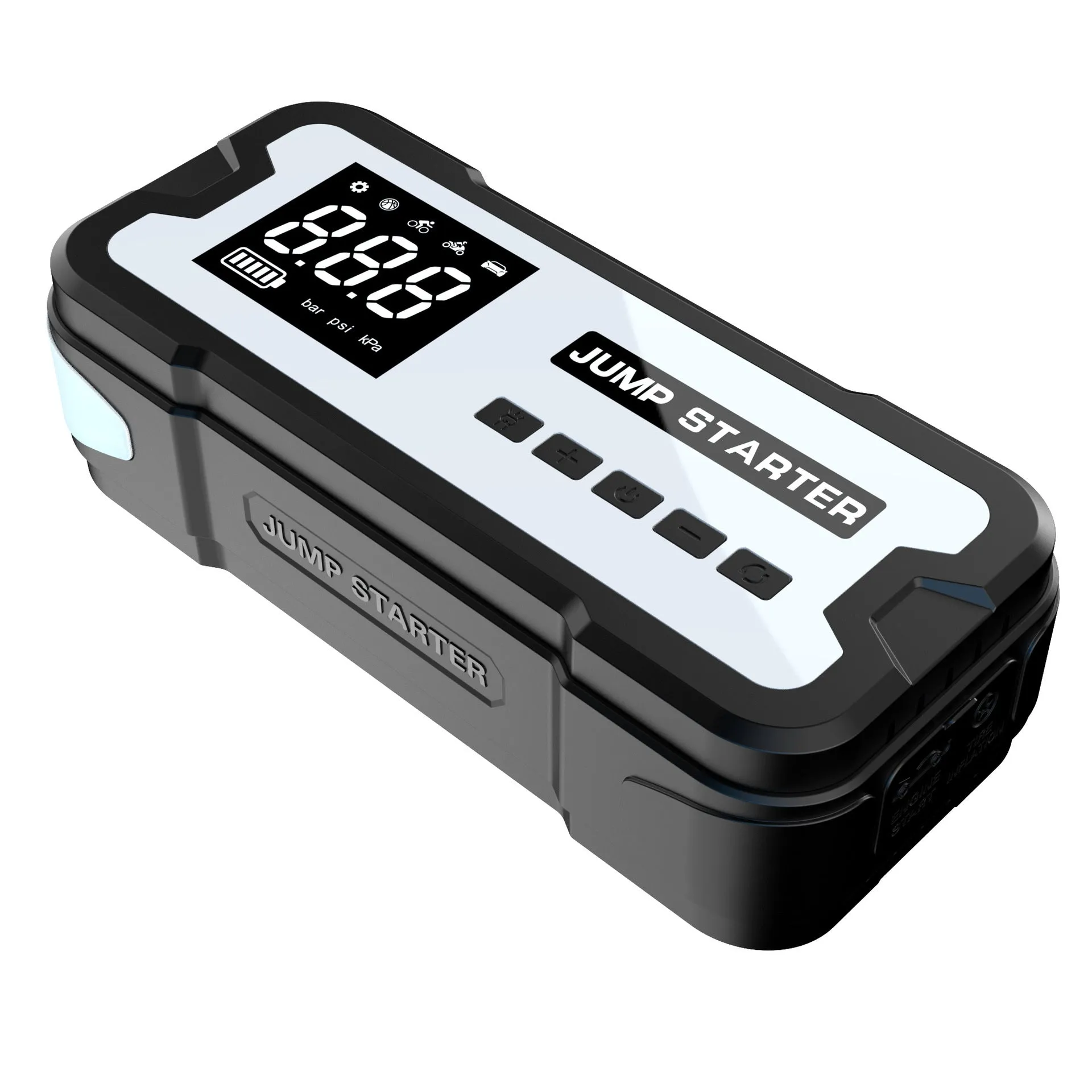 Automobile emergency start power source with clips and LED light on a grey background