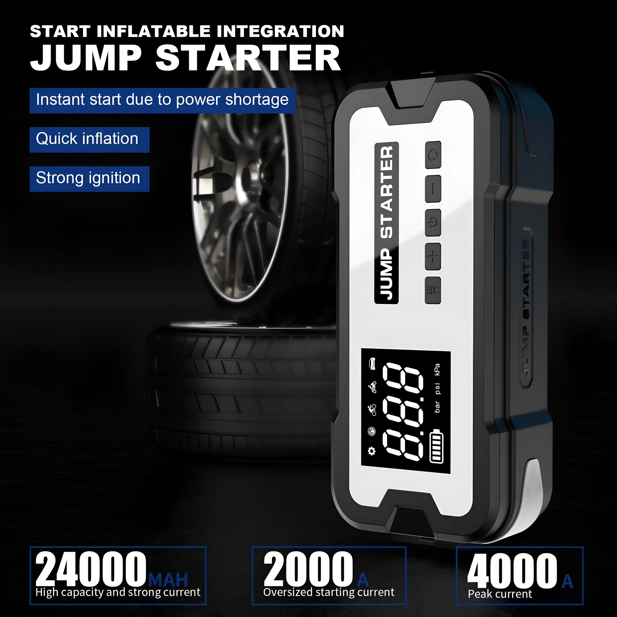 Automobile emergency start power source with clips and LED light on a grey background