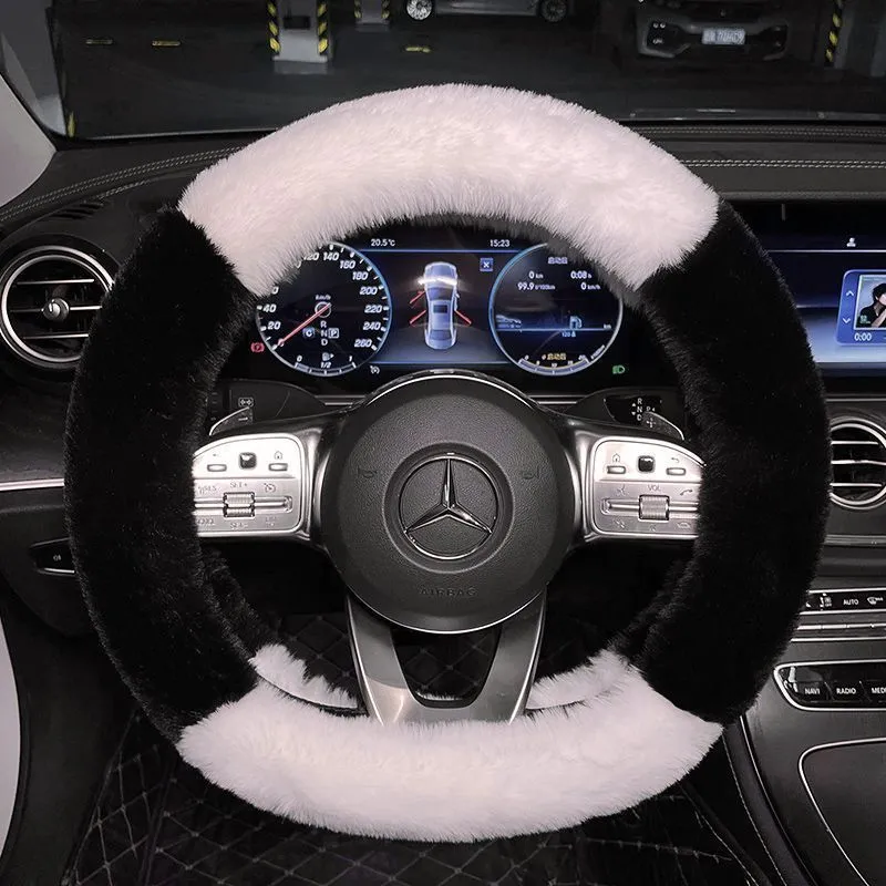 Milk tea white plush steering wheel cover with cute panda ears design on a car steering wheel