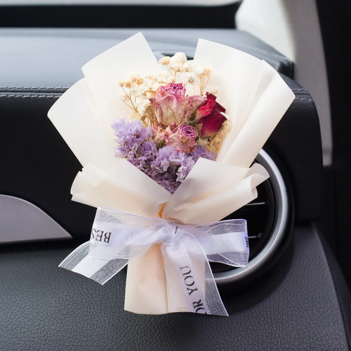 Handmade dried flower car vent perfume with scented inserts in various colours