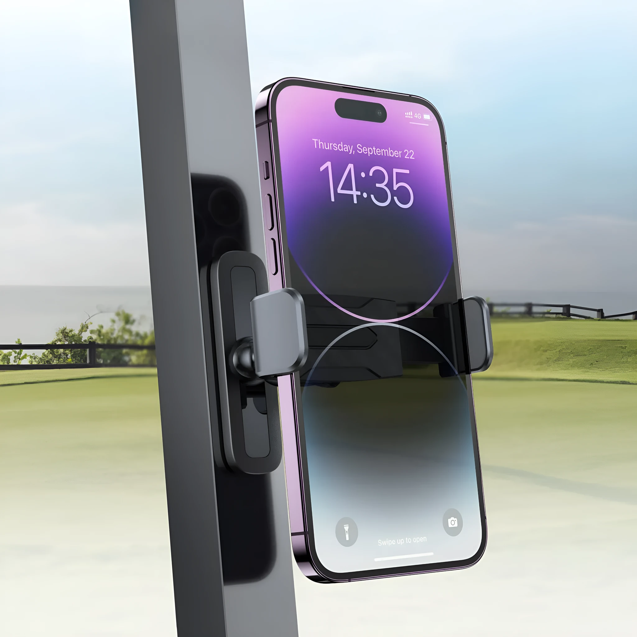 Black ABS silicone car phone holder bracket with 360 rotation and 8 strong magnets on a curved dashboard