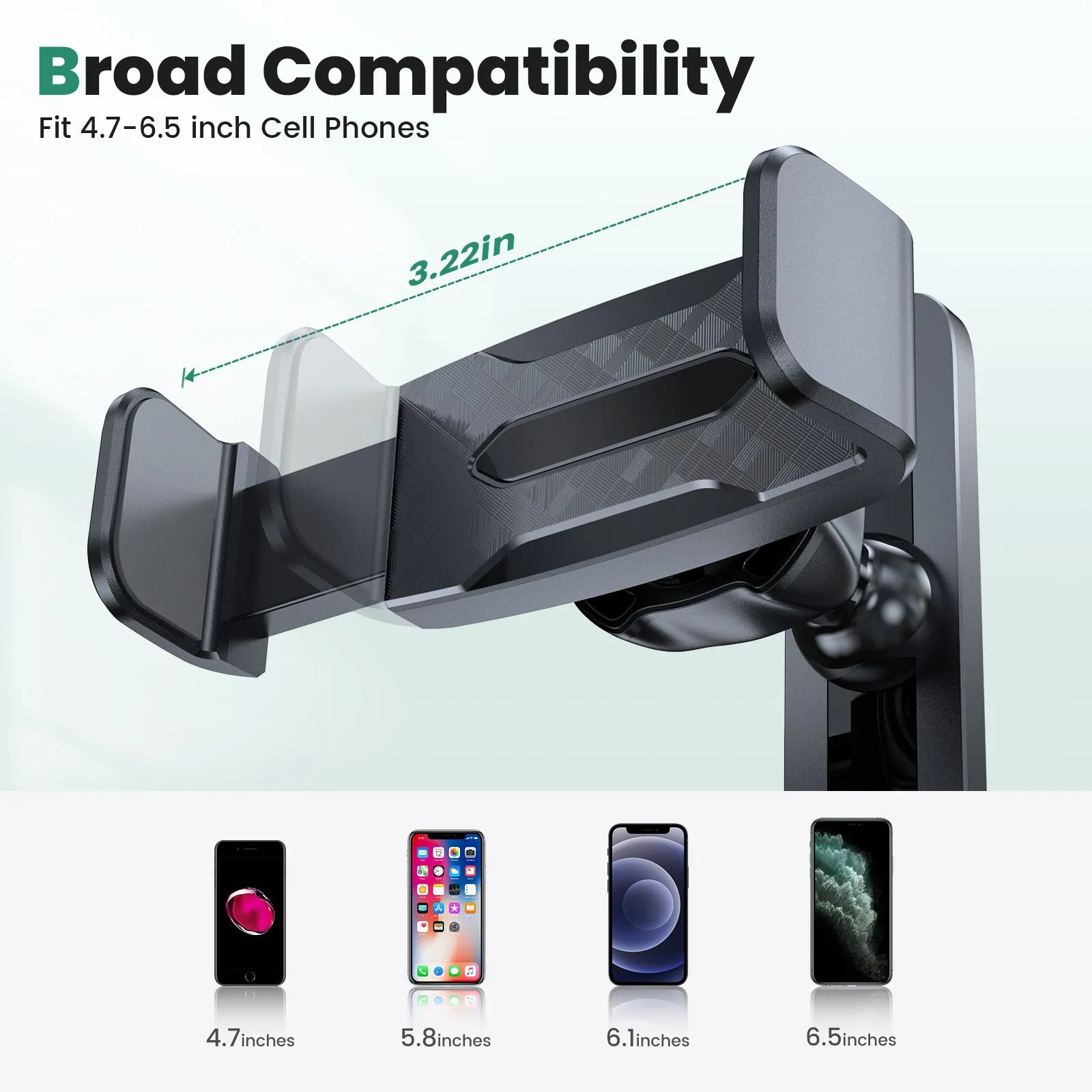Black ABS silicone car phone holder bracket with 360 rotation and 8 strong magnets on a curved dashboard