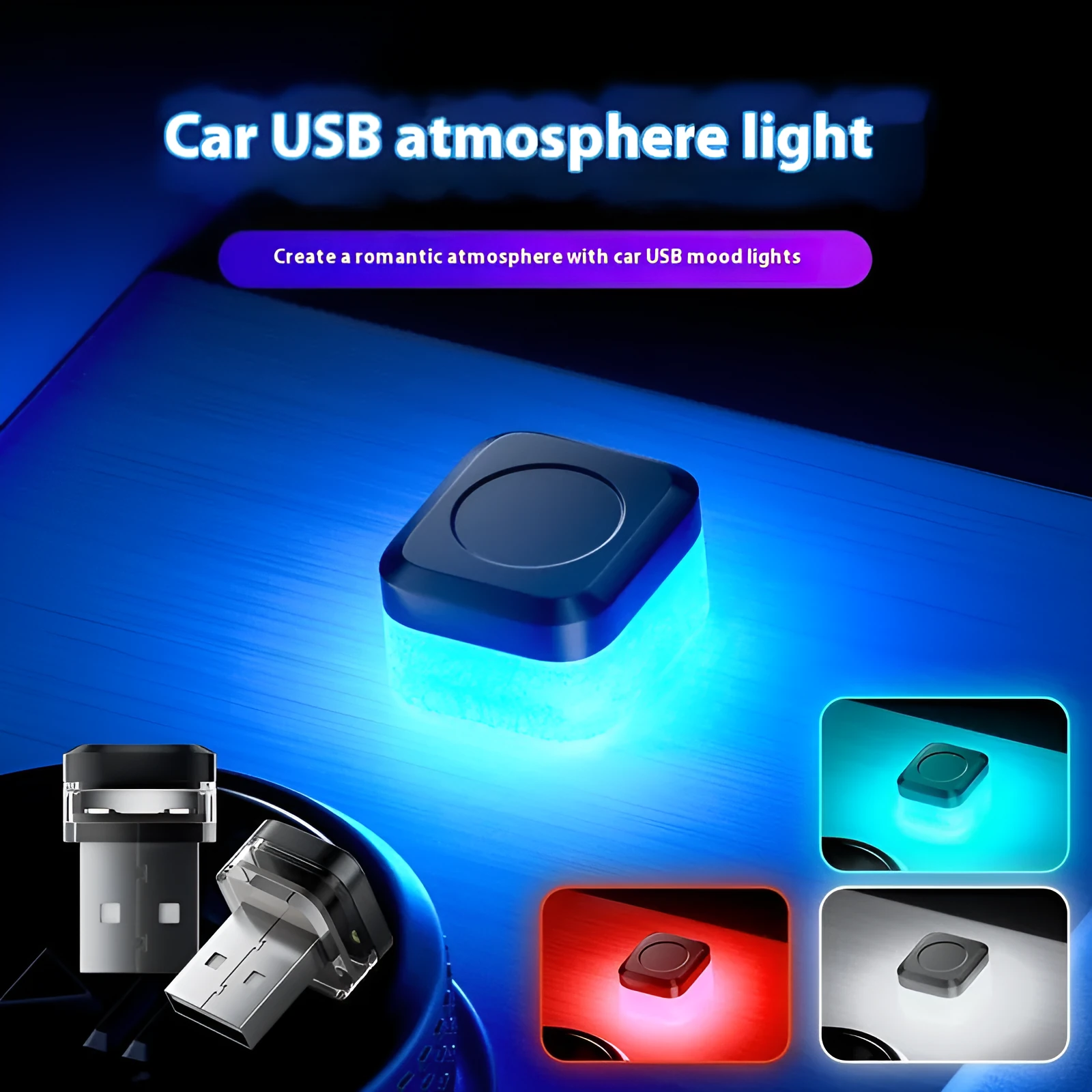 Car interior LED atmosphere light strip in blue colour showing USB cable and flexible PVC construction