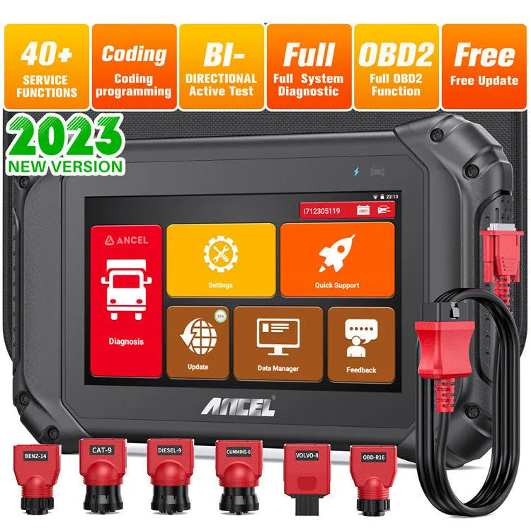 V5HD diesel truck diagnostic tool in black with power plug set including EU UK and US options on a white background