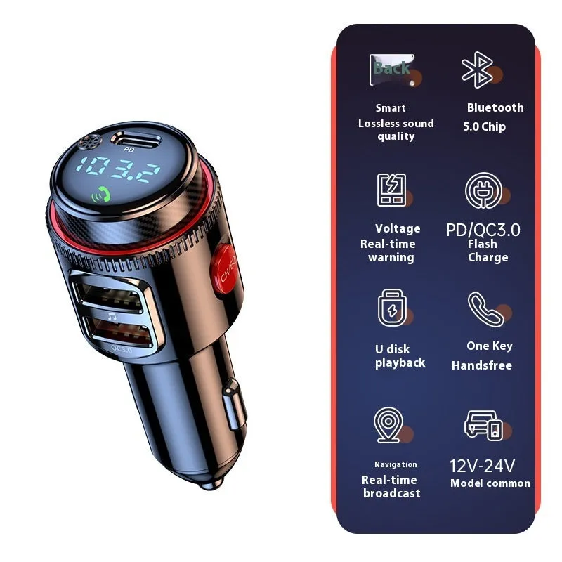 T23 Car MP3 Bluetooth Player with HY-66 PD Fast Charge variant, 1.2 inch display, ABS material, black colour, on a white background