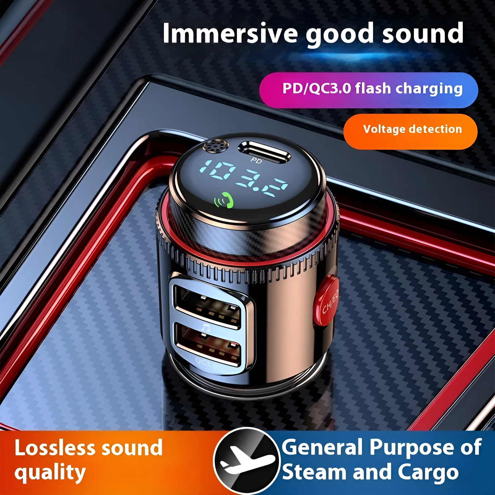 T23 Car MP3 Bluetooth Player with HY-66 PD Fast Charge variant, 1.2 inch display, ABS material, black colour, on a white background