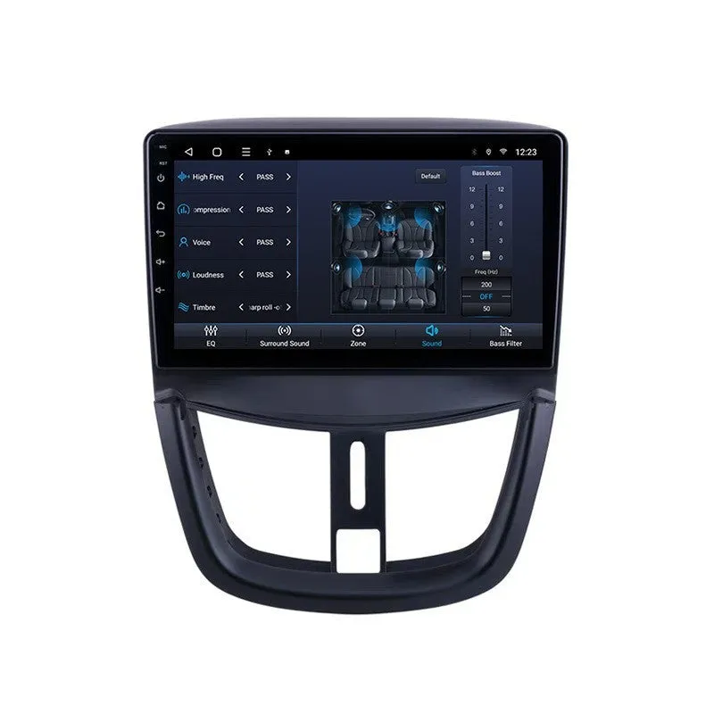 Black 9 inch Android car stereo with touchscreen display for Peugeot 207 featuring six configuration options